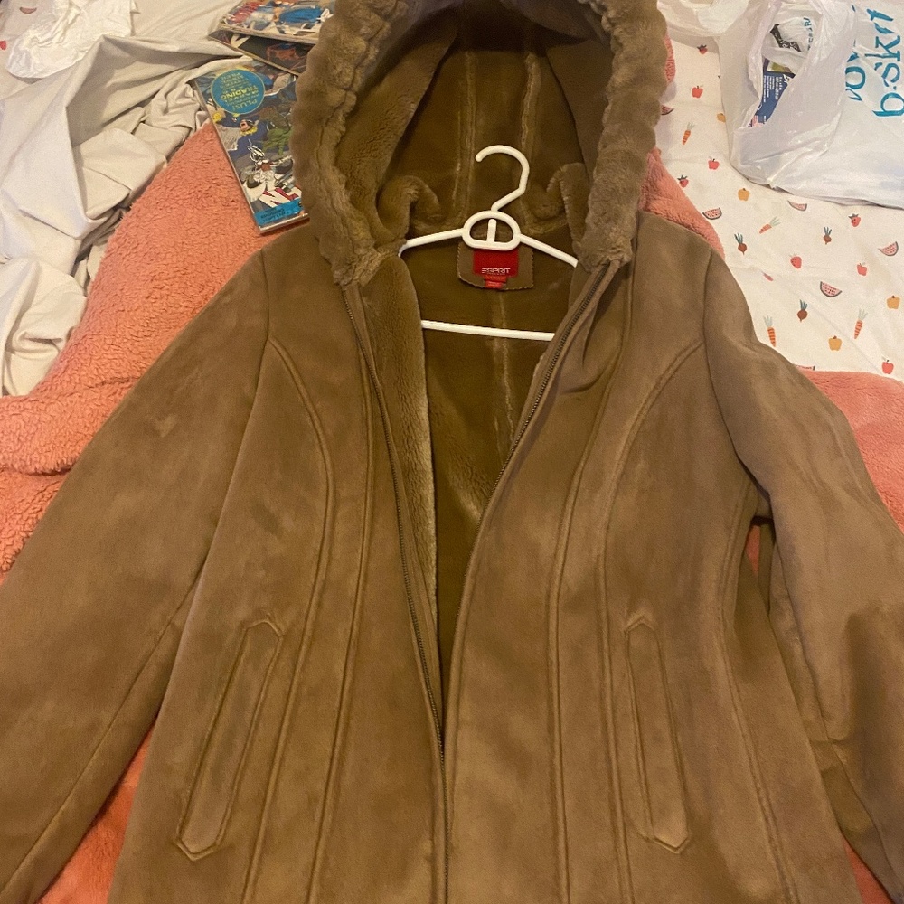 Tan sheepskin warm luxurious designer anorak we nter coat with zipper size L
